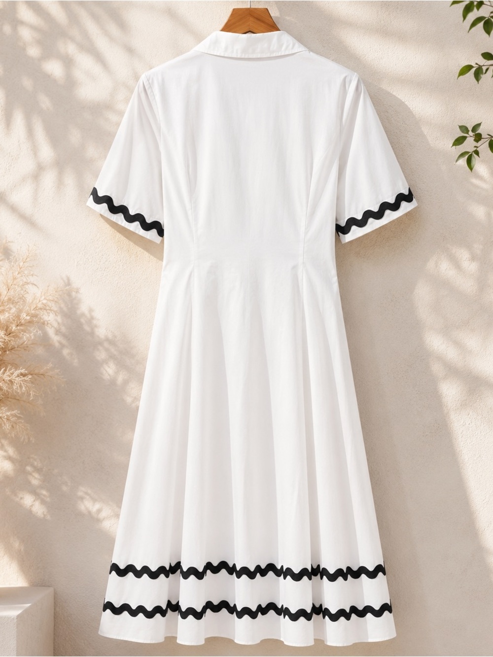 Elie Tahari White Midi Shirt Dress with Black Scalloped Trim - Picture 5 of 6